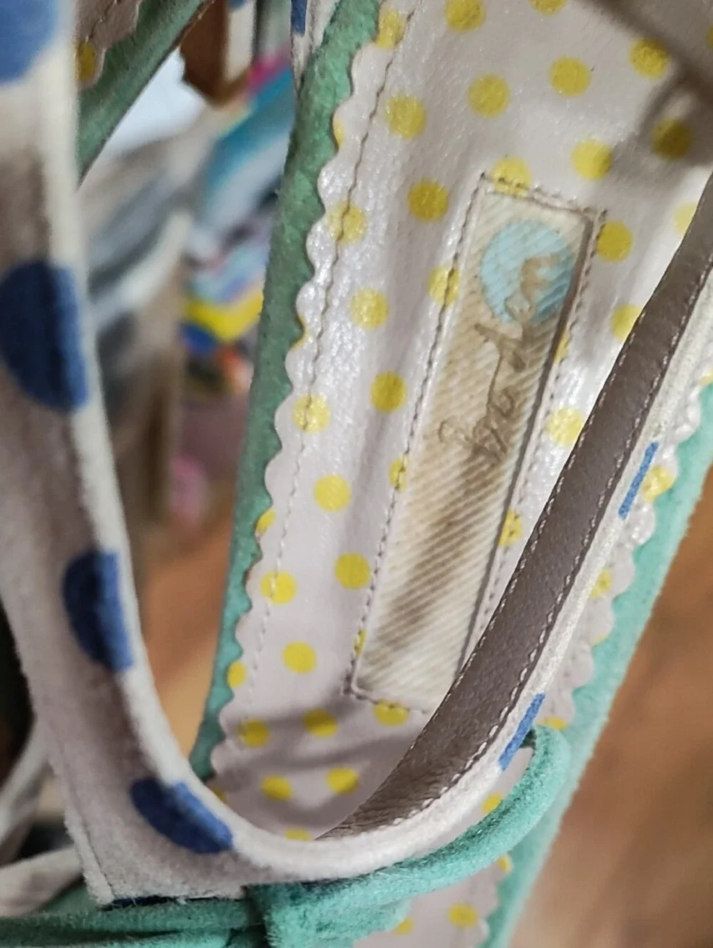 Boden White Pointed-Toe Polka Dot Heels with Blue Dots and Teal Ankle Tie